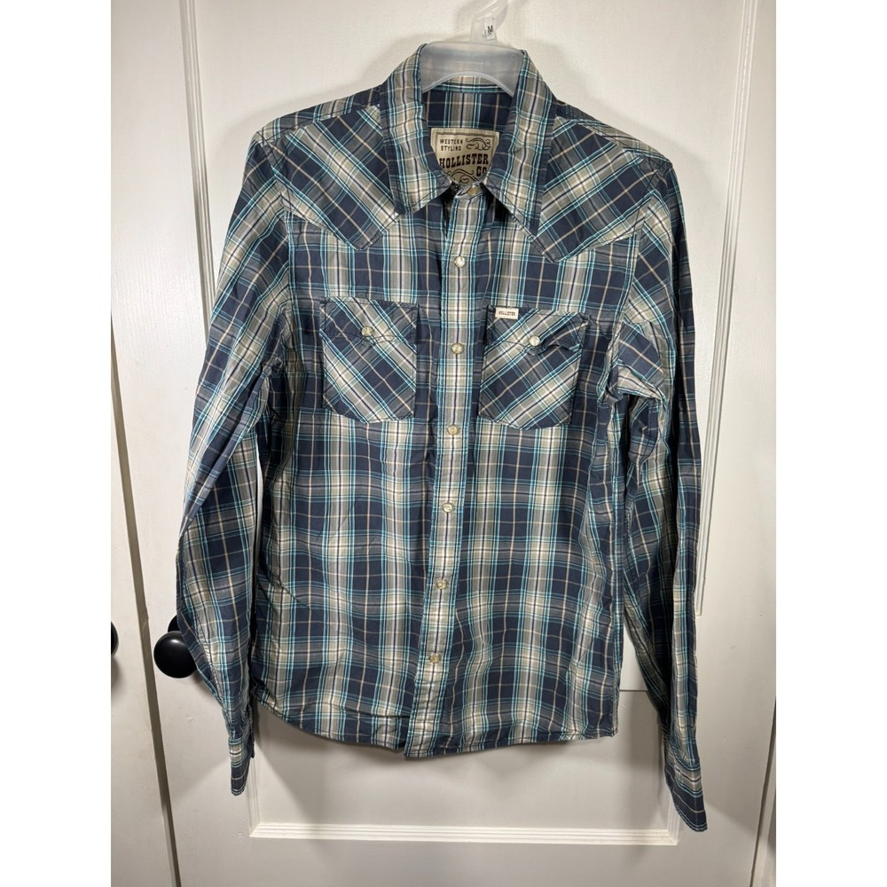 Men's Hollister Western Blue Plaid Long Pearl Snap Long Sleeve Shirt Size Small